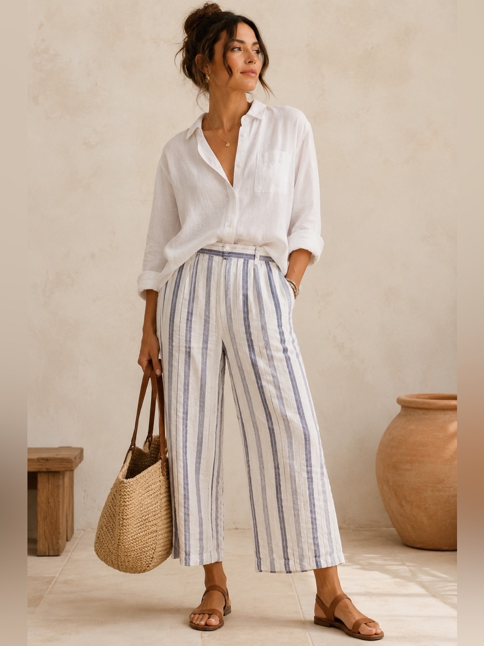 Hatley 100% Linen Striped Cropped Wide Leg Pants Coastal Grandmother